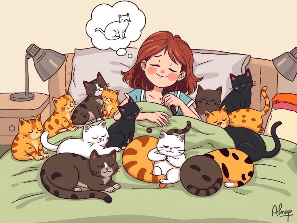 Cozy Cartoon Woman Surrounded by Adorable Cats