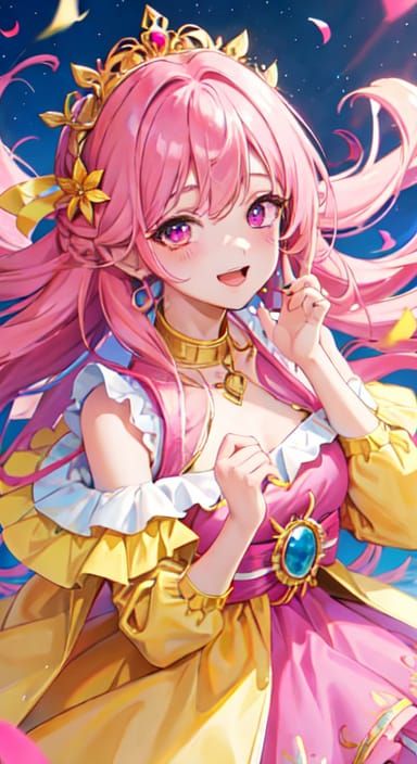 Person with Pink Hair and Yellow Outfit at Party