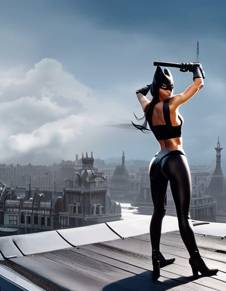 Catwoman on a Roof: An Oil Painting