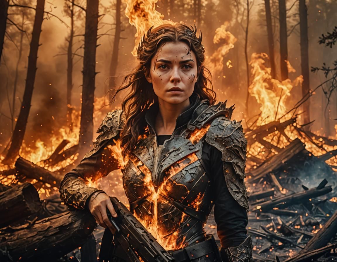 Hyperrealistic Female Villain in Forest Fire Meteor Strike