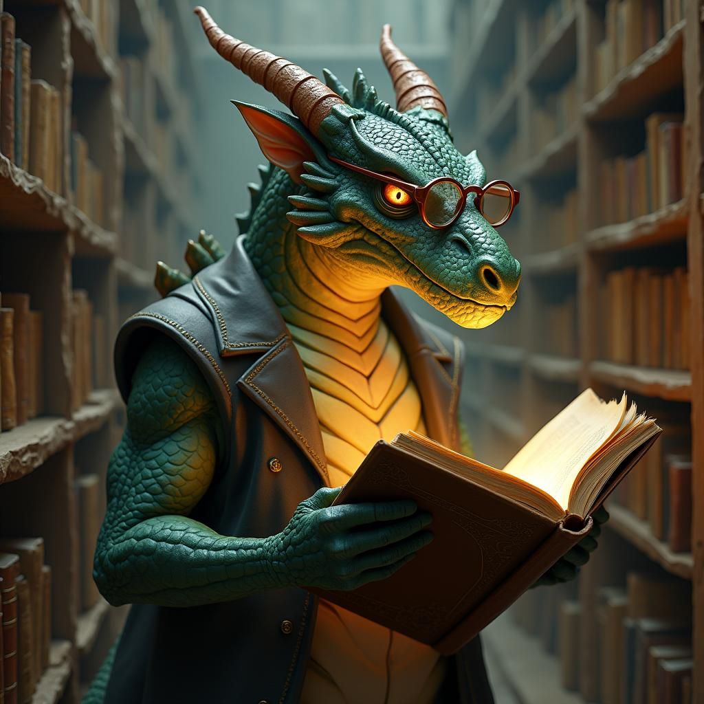 Dragon Librarian Reads in Towering Library