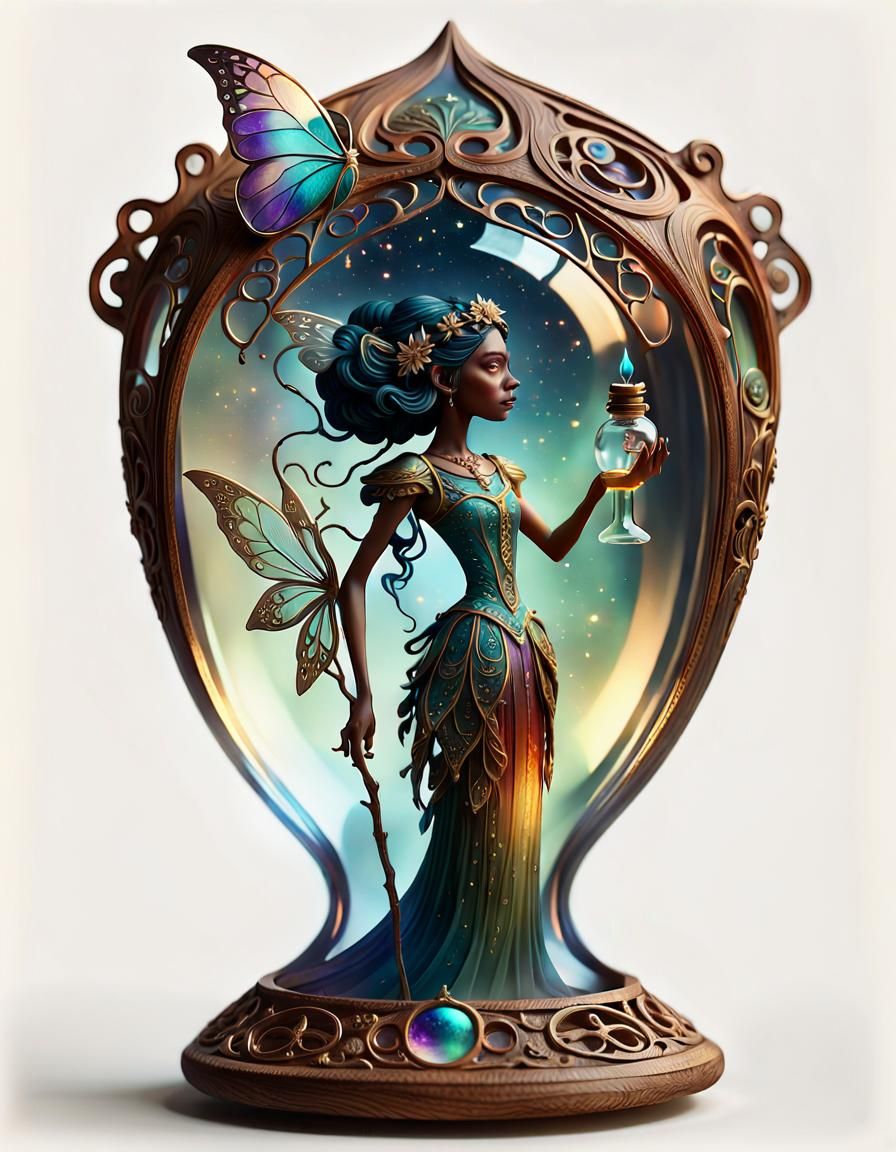 Surreal Art Nouveau Magical Scene of a Witch Holding a Gilde...