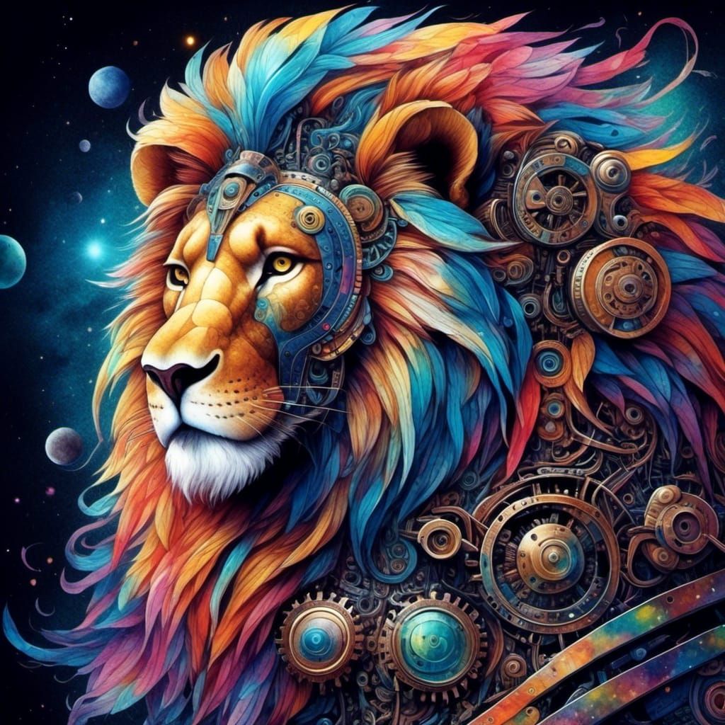 Clockwork Robot Lion in Space Watercolor