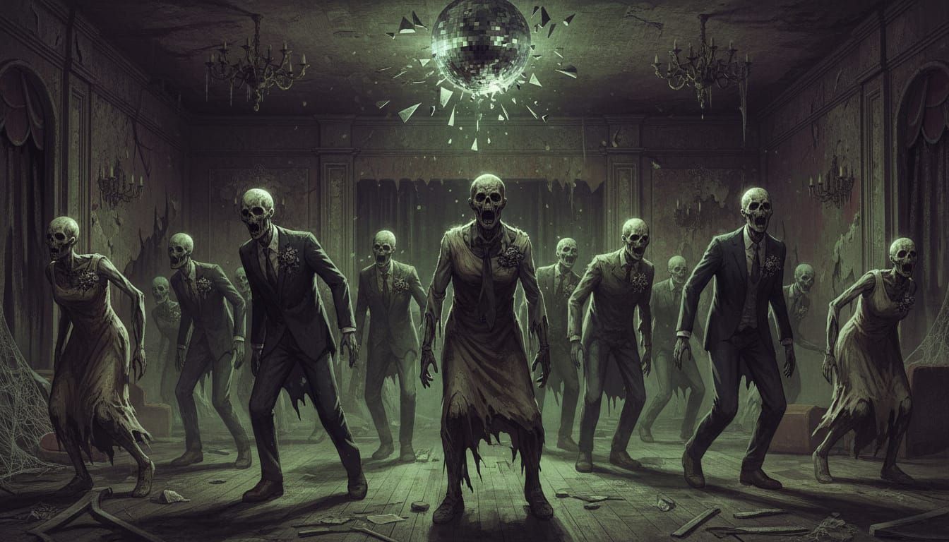 Zombie Prom Night: Shambling Horde in Decaying Ballroom