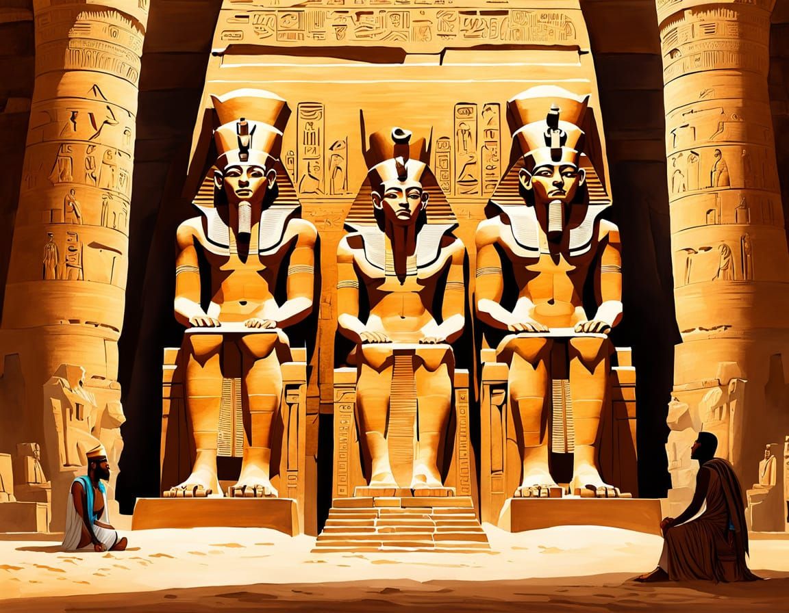 Egyptian Pharaoh and Queen at Abu Simbel: Watercolor Paintin...