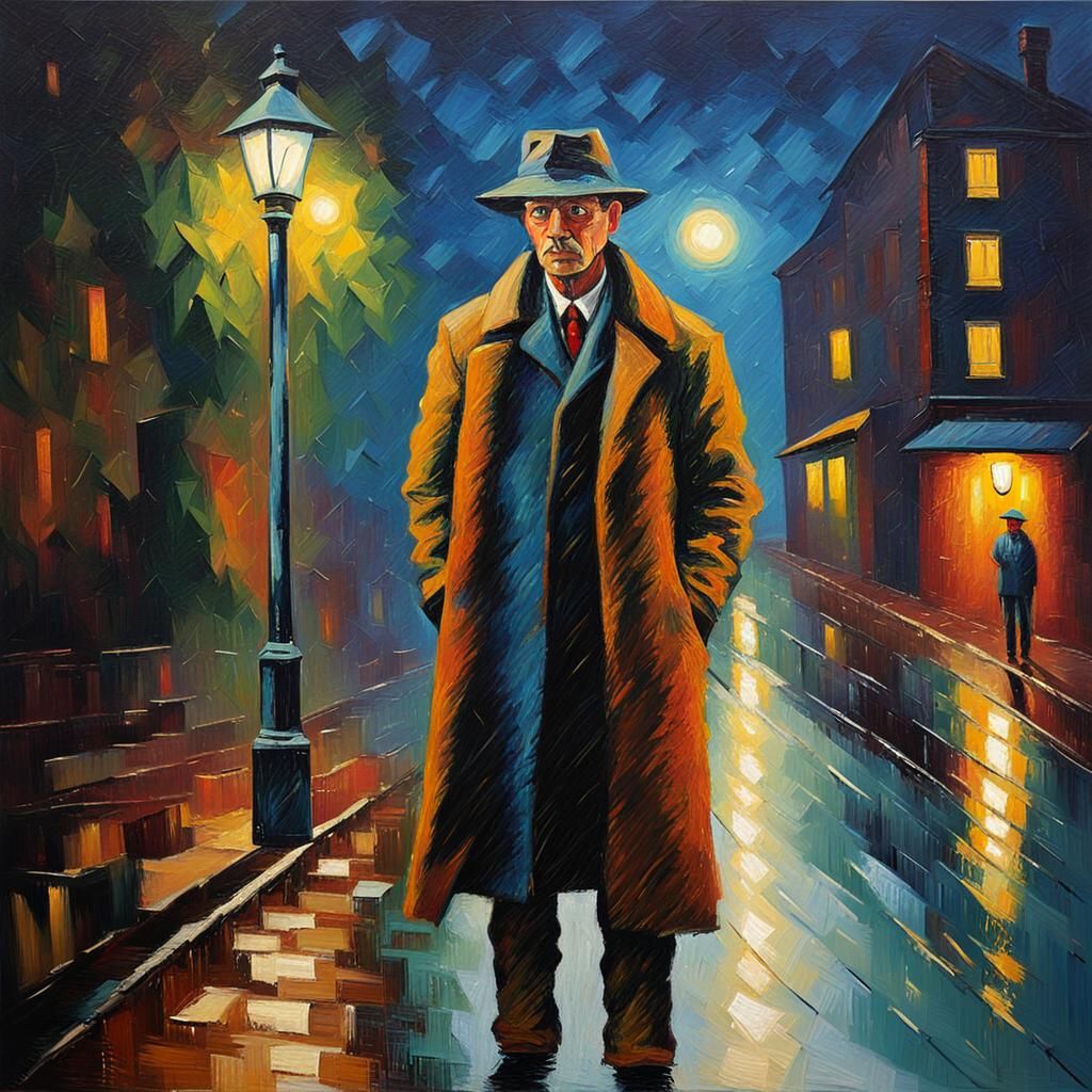Man in Overcoat Under Street Lamp as Oil Painting