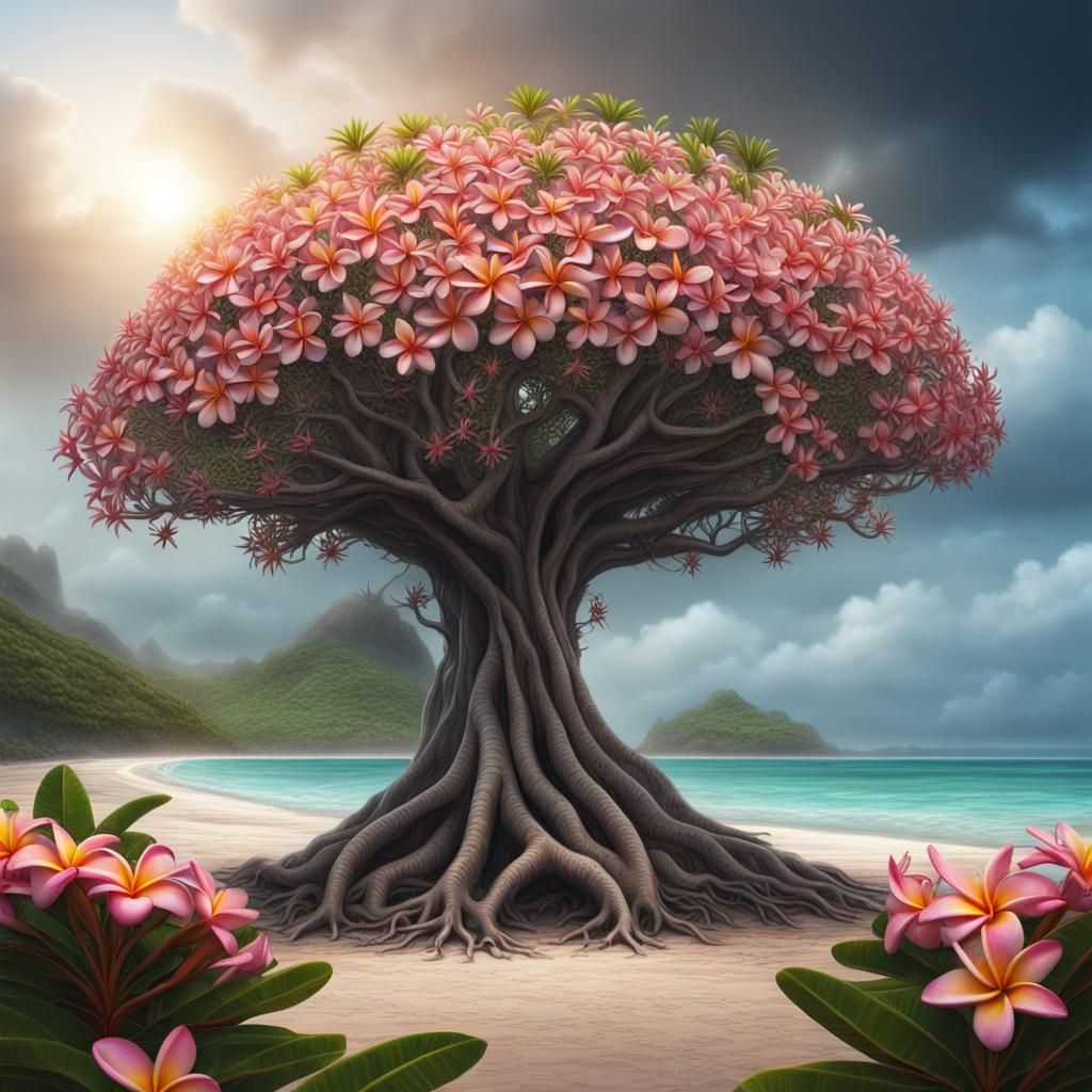 Surreal Plumeria Tree with Nightmare Beaks
