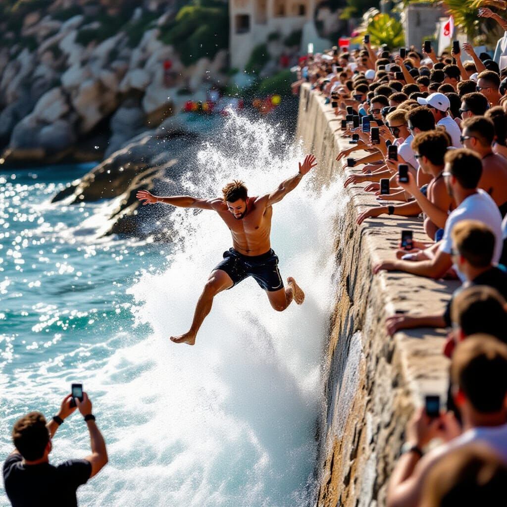 Man Leaps From High Wall Into Sea With Cheering Crowd