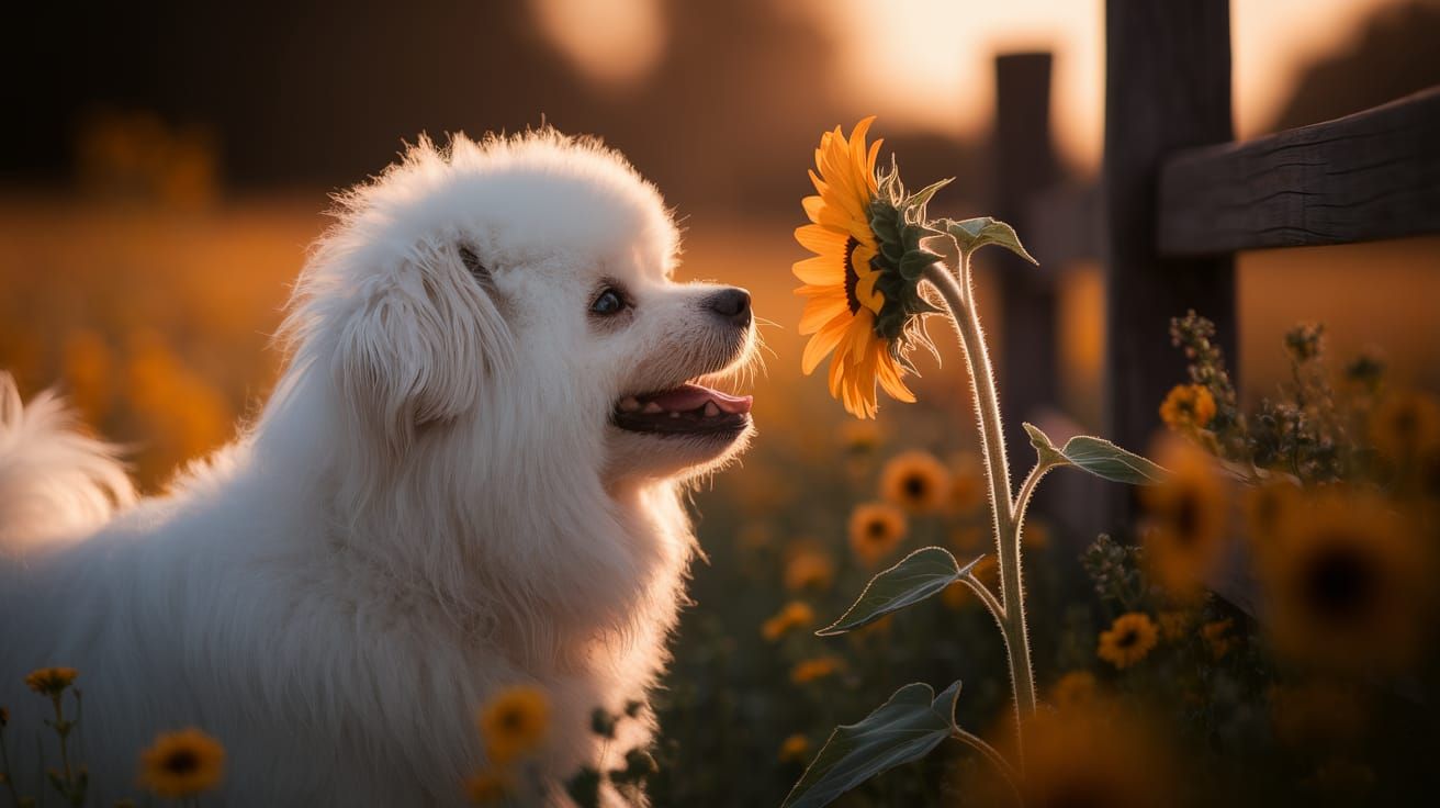 Zuchon Dog Adoring Sunflower in Golden Hour Light