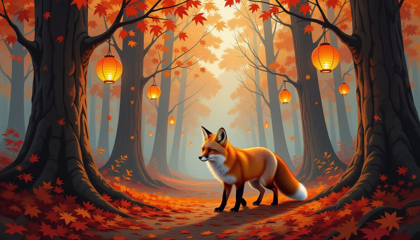 Fox in Dreamlike Autumn Forest with Paper Lanterns
