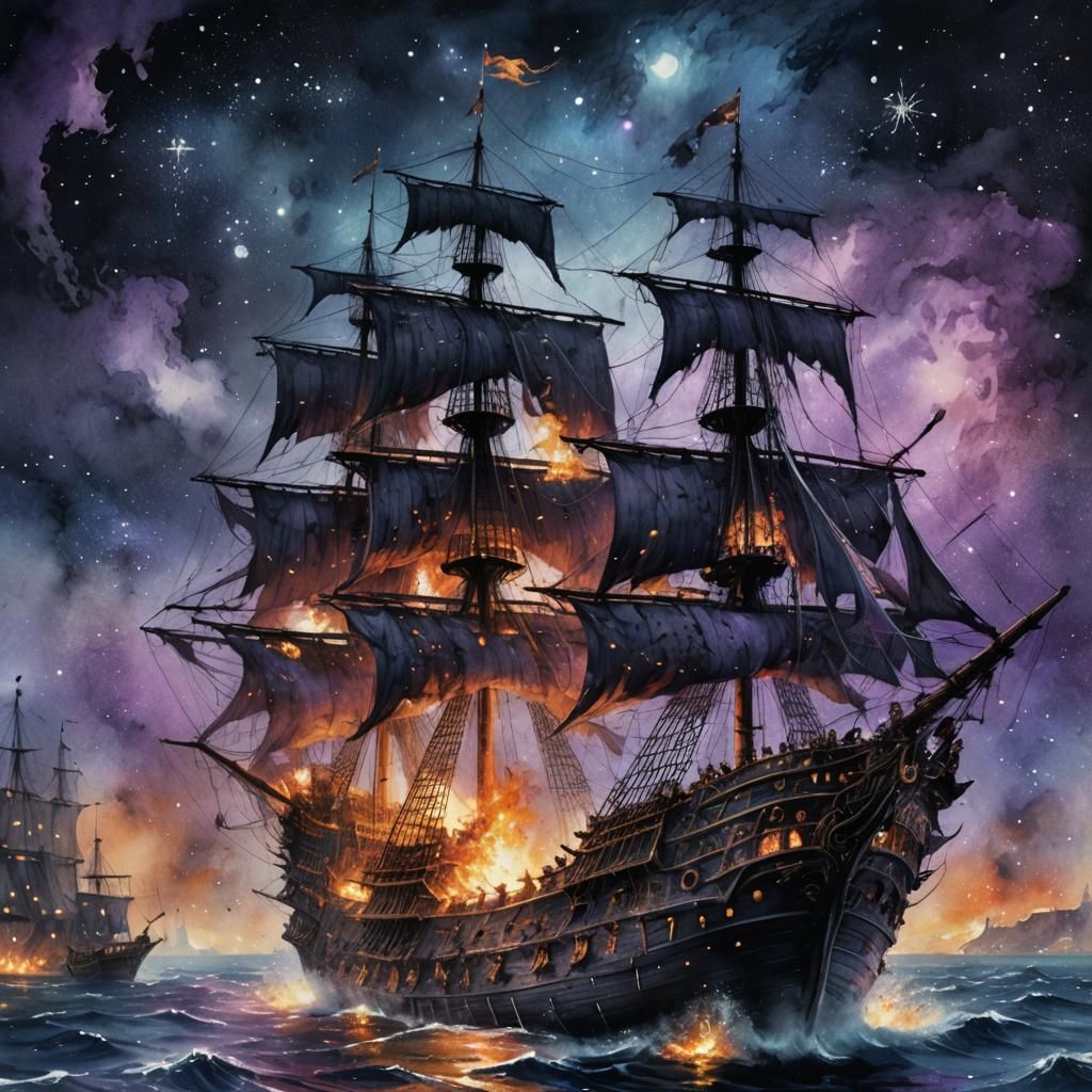 Flaming Pirate Ship Watercolor Illustration Under Nebula Sky