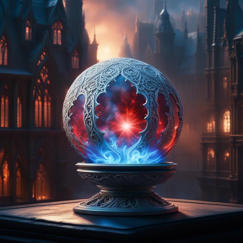 Mechanical Sphere Over Gothic City at Night
