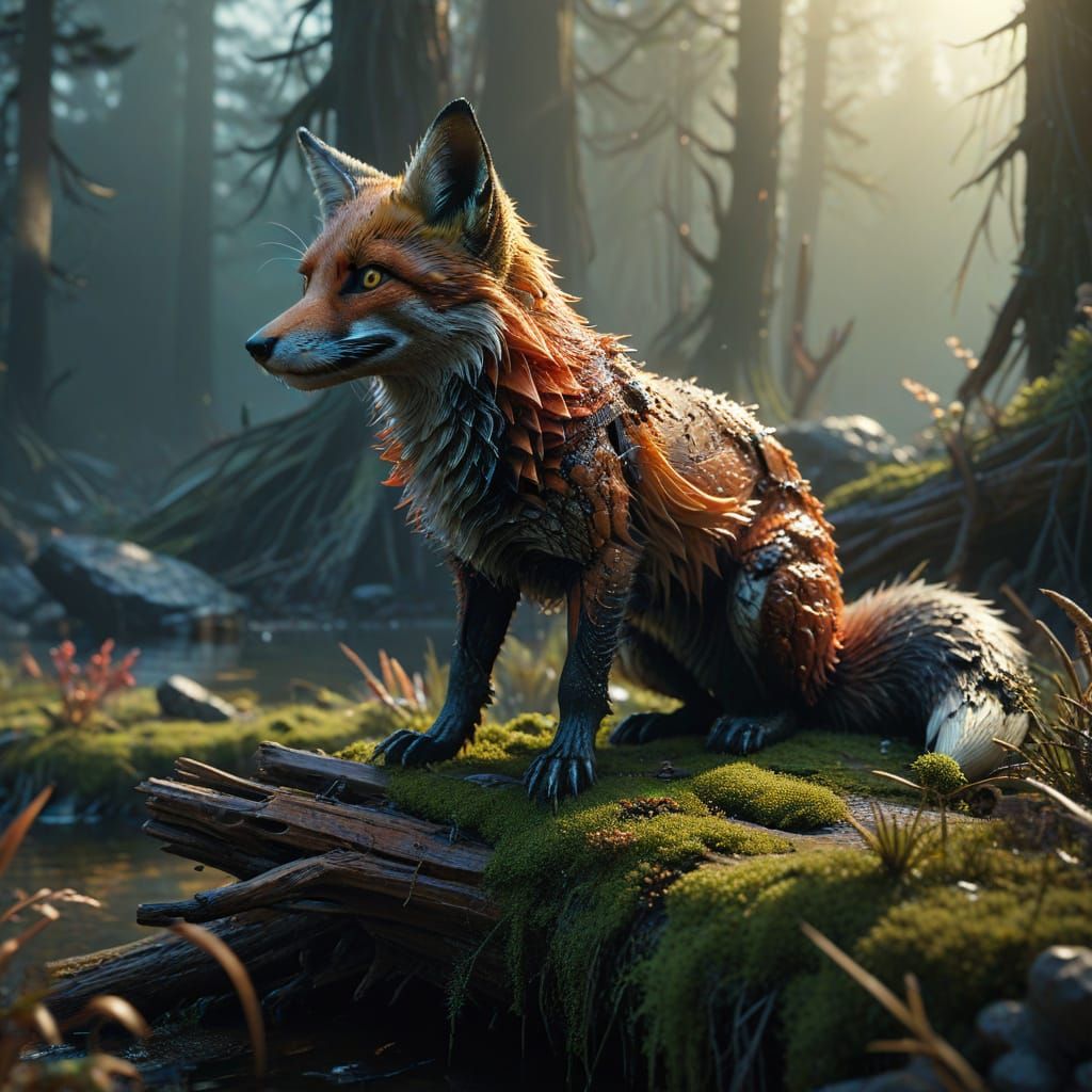 Stunning Macro Landscape of a Fox on Driftwood in Triadic Co...