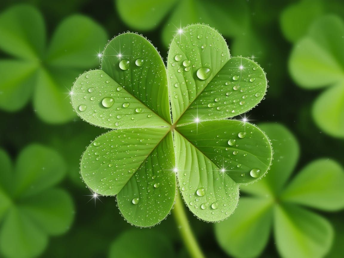 Vibrant Four-Leaf Clover Blooms in Morning Dew