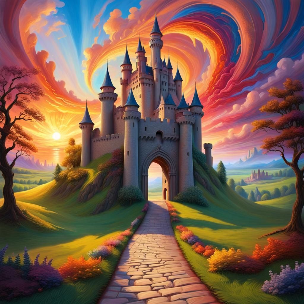 Vibrant Portal to Distant Castle as Impasto Painting