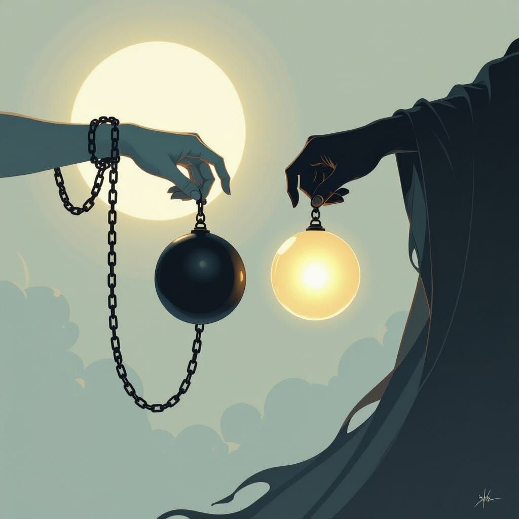 Fate vs Freedom: Hands Grasping Spheres in Ethereal Light