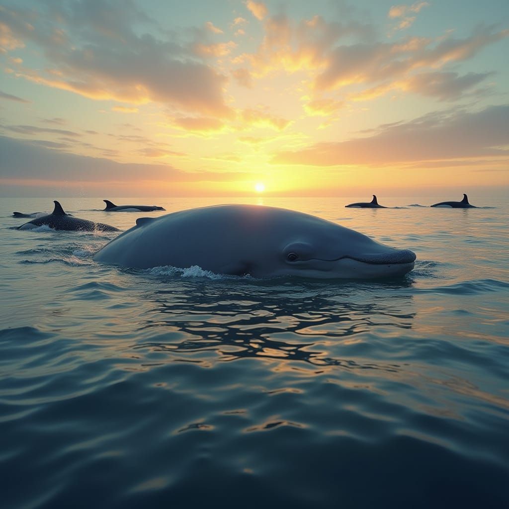 Majestic Blue Whale in a Serene Ocean Scene with Orcas and V...