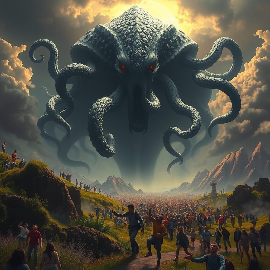 Eldritch Horror Unfolds Above the Fleeing Masses