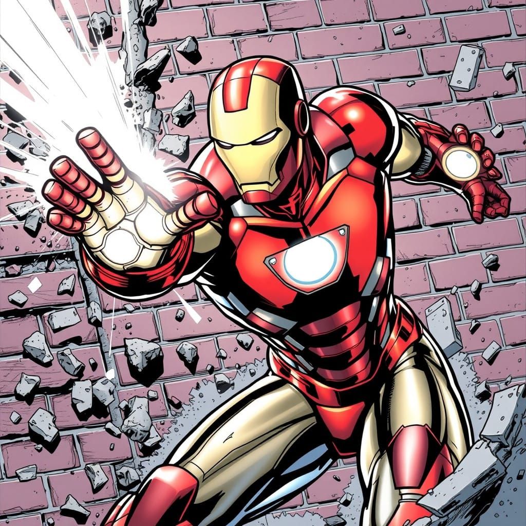 Iron Man Slices Through a Brick Wall in a Flash of Metallic...