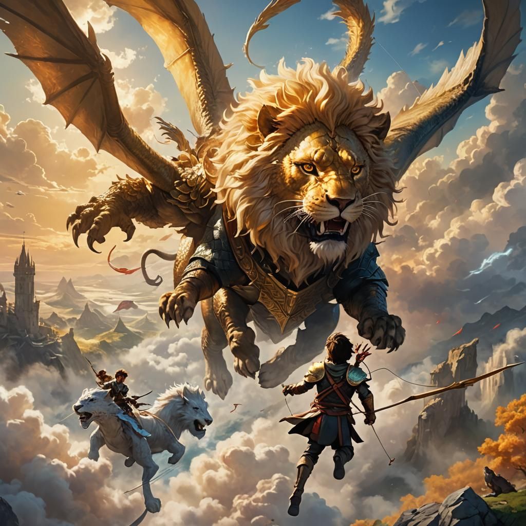 Boy and Lion Chase Dragon in Fantasy Sky