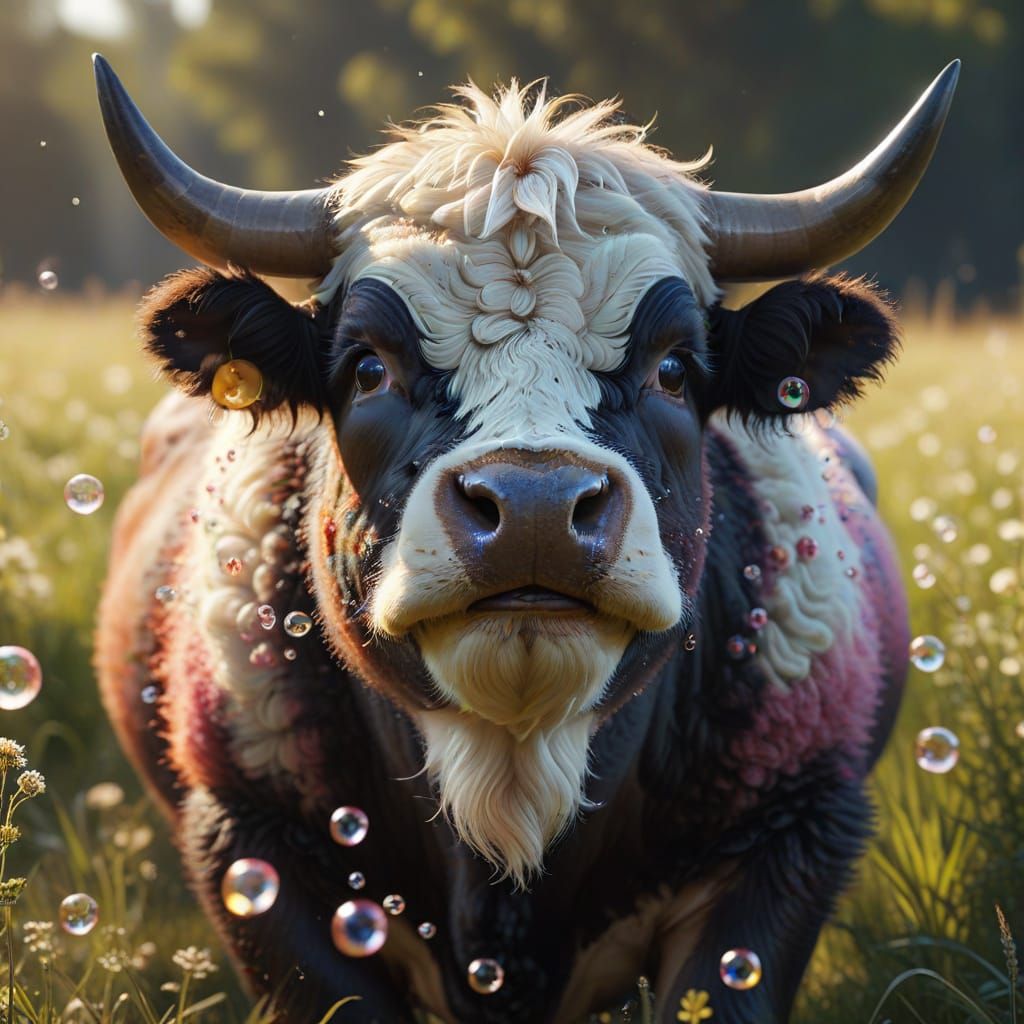 Vibrant CGI Portrait of Happy Bull Toddler Blowing Bubbles i...