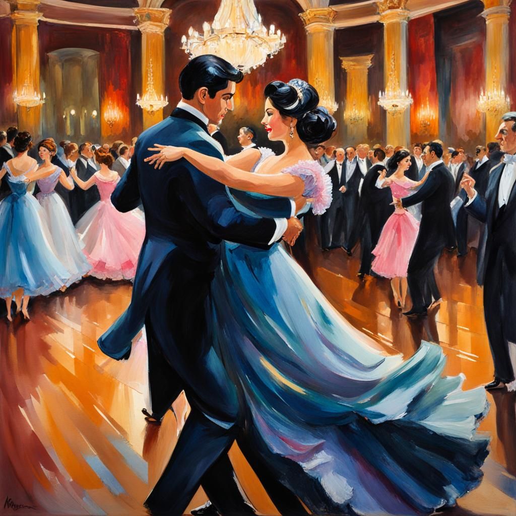 Ballroom Waltz: Gouache Painting of Dancing Couple