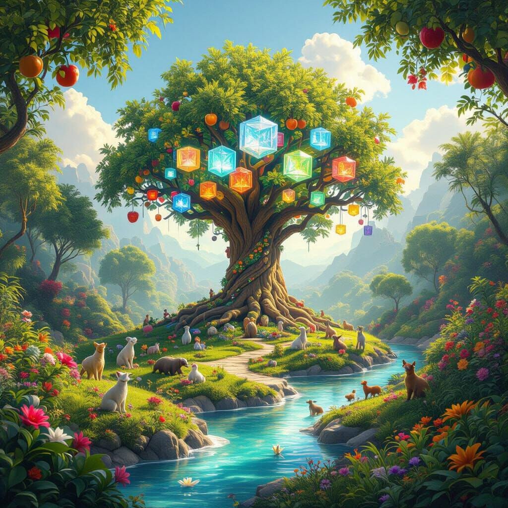 Vibrant Garden of Eden with Majestic Tree of Life