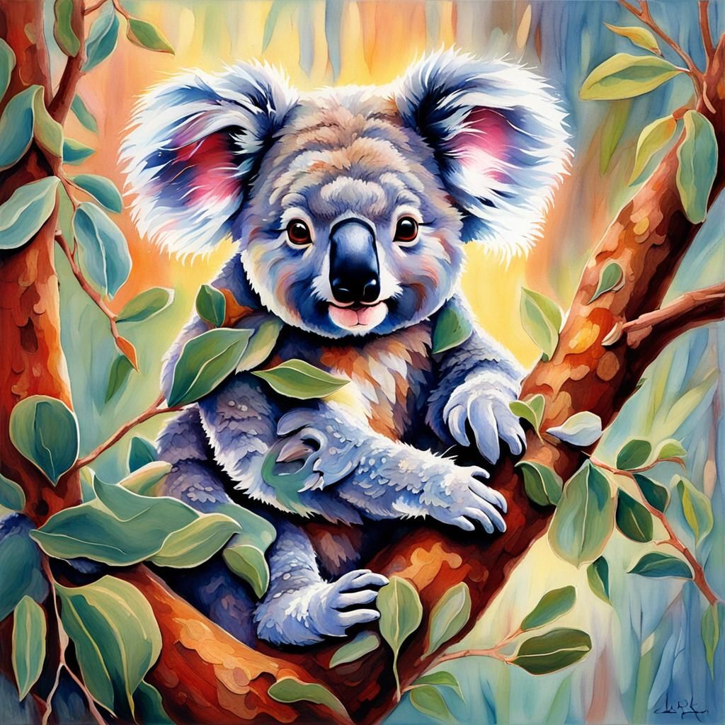 Cute Koala in Eucalyptus: Colorful Avant-Garde Art