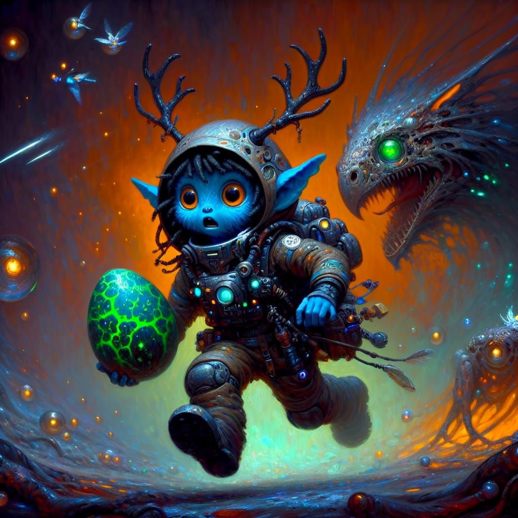 Futuristic Firbolg in Dark Alien Landscape