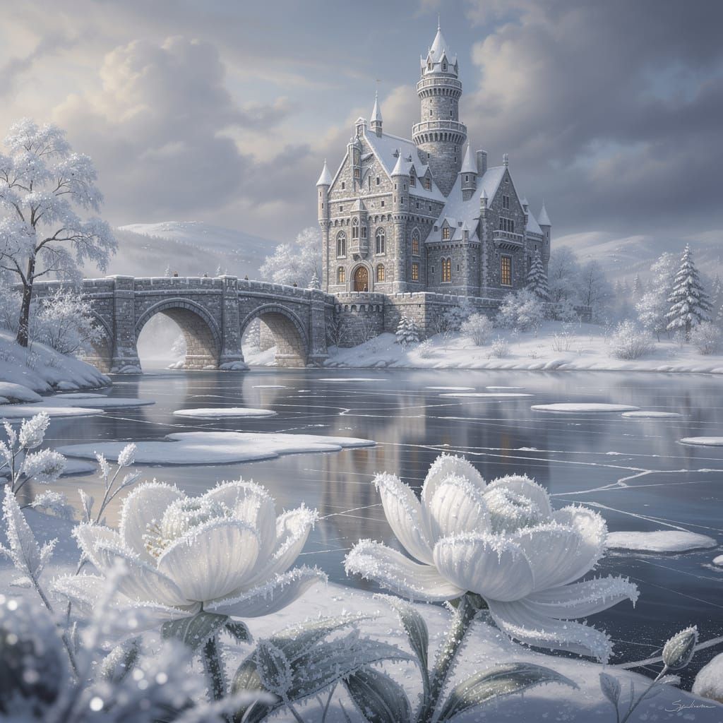 Majestic Winter Castle on Frozen River