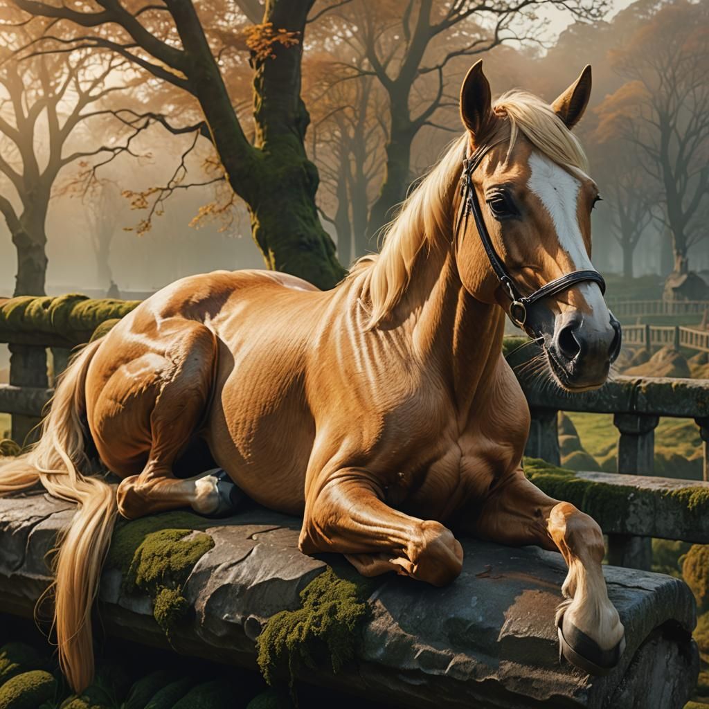 Blonde Racehorse in Dreamy Fantasy Landscape