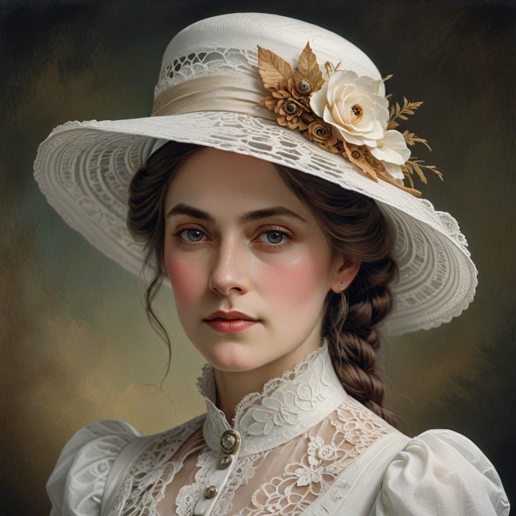 Victorian Lady in Elegant Attire Looks Directly at the Camer...