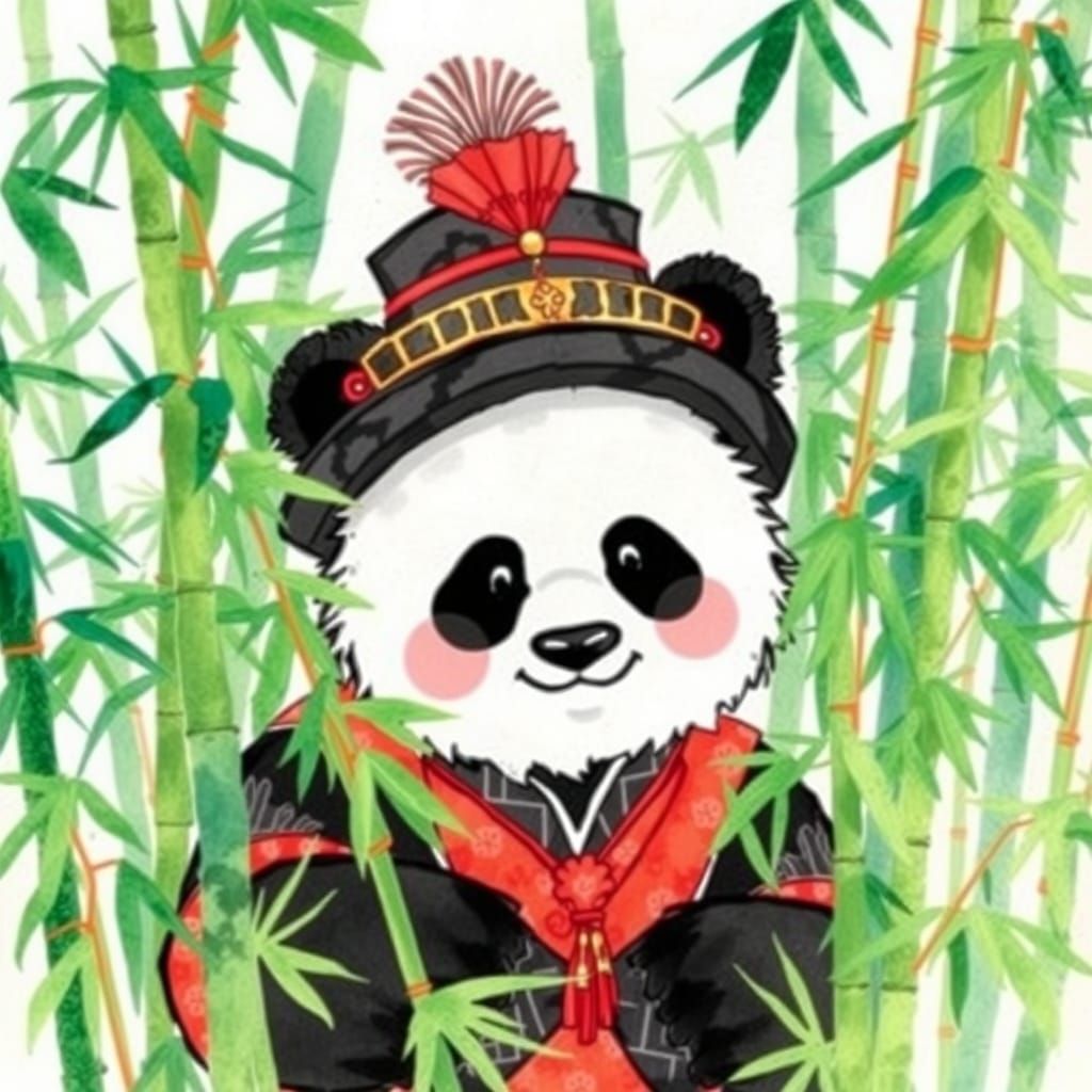 Panda in Chinese Attire: Dreamy Watercolor Art