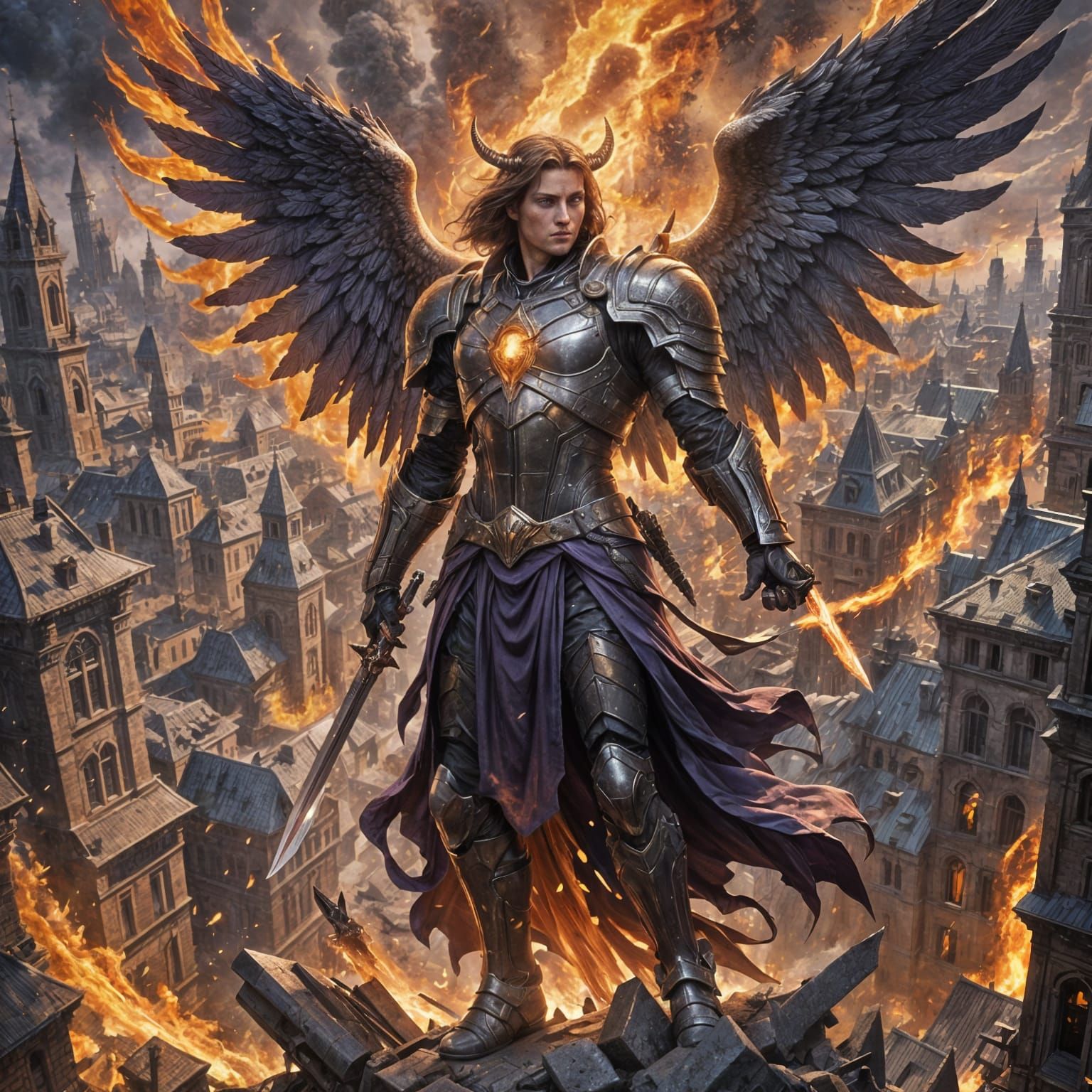 Fiery Archangel Battles Army in War Zone