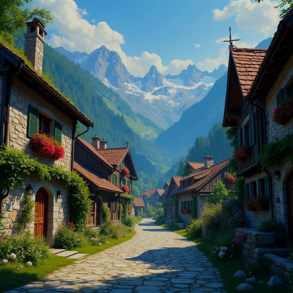 Rustic Mountain Village in Fantasy Matte Painting