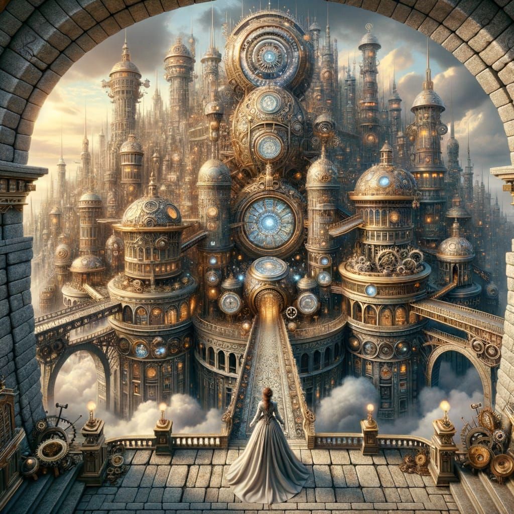 Steampunk City Panorama from Stone Archway