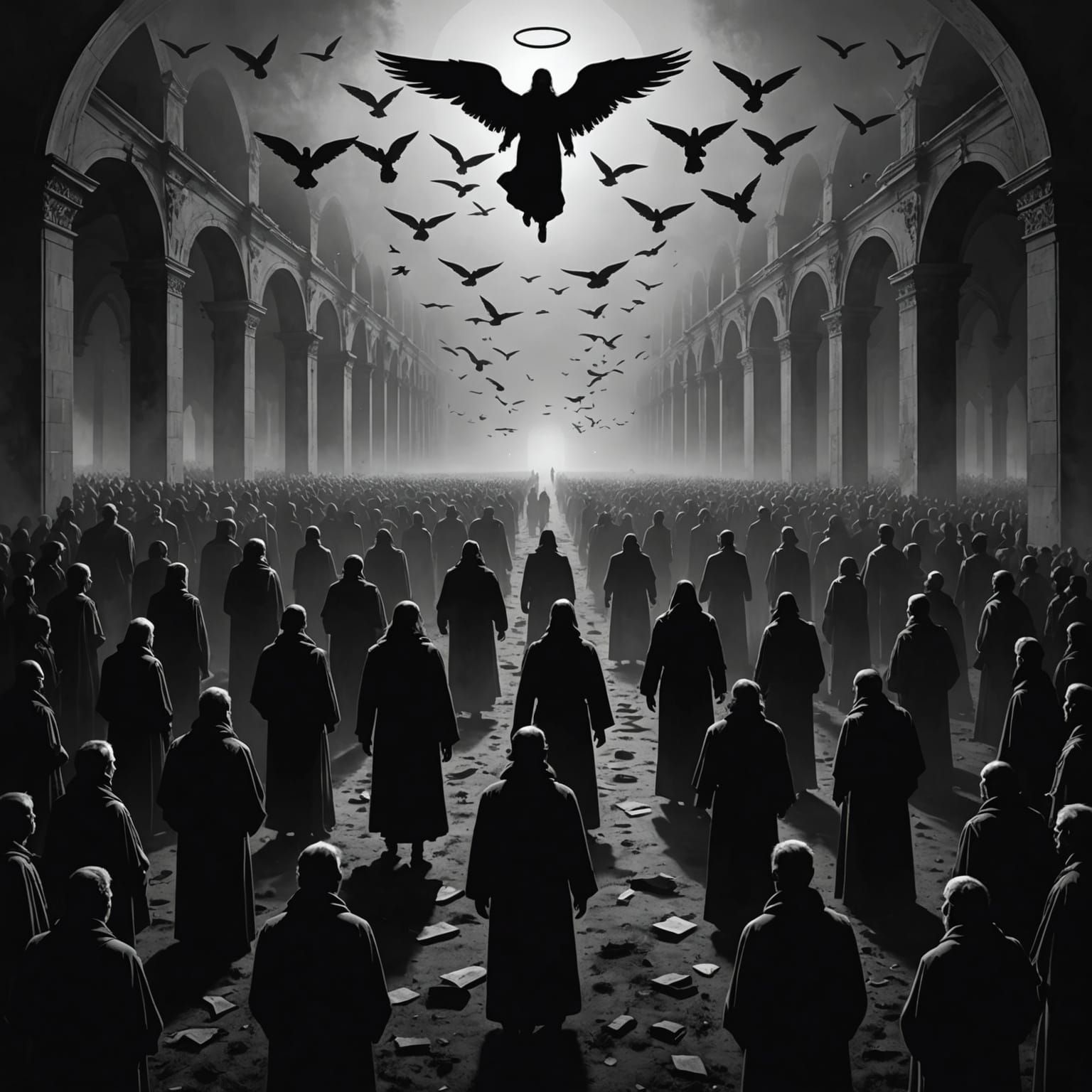 Monochrome Afterlife Scene with Angels