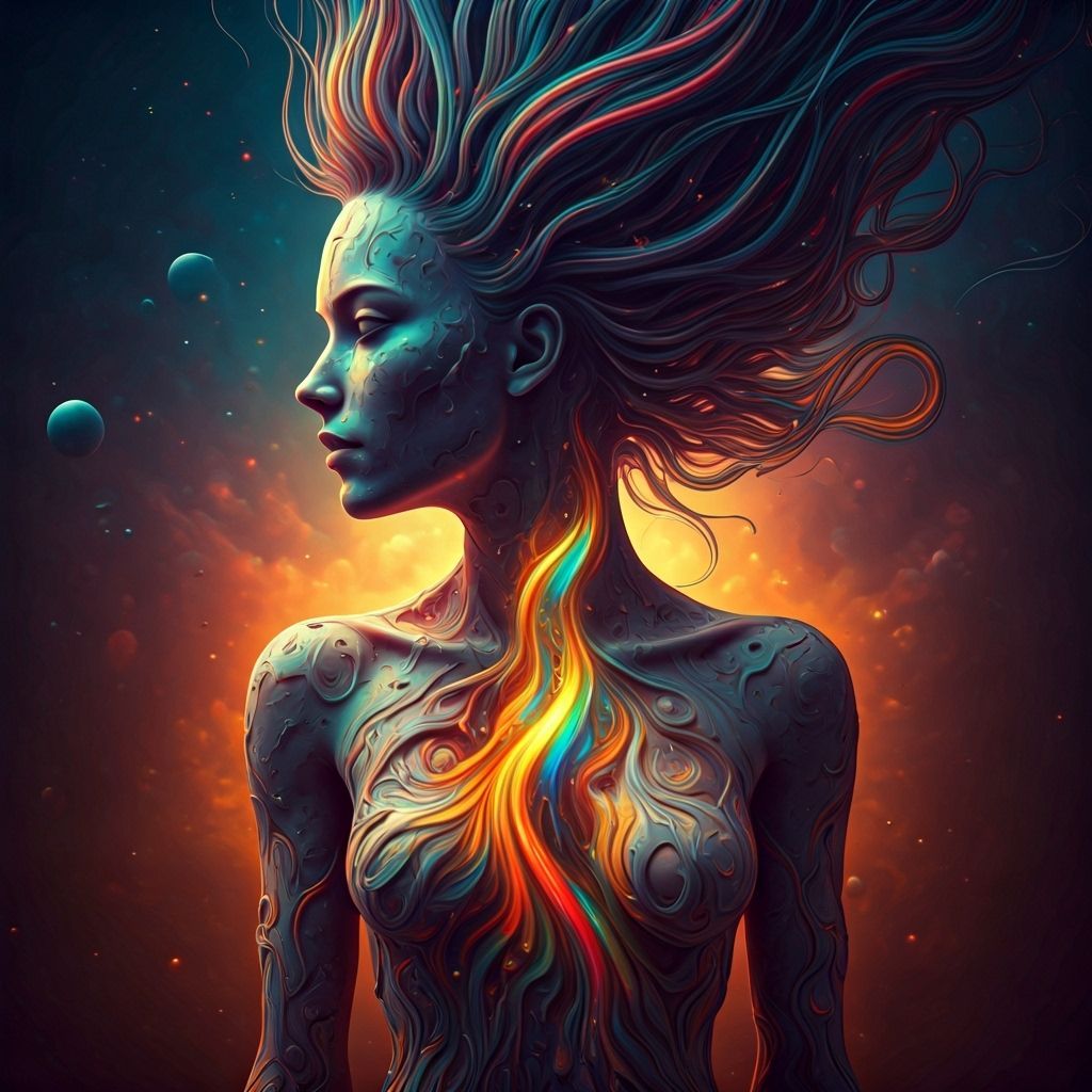 Surreal Neon Woman Sculpture with Rainbow Explosion