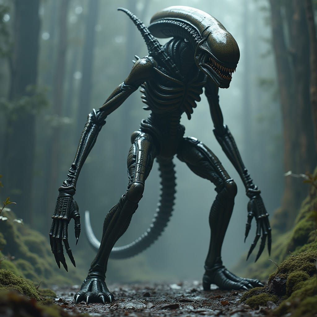 Glowing Xenomorph in Dark Industrial Landscape