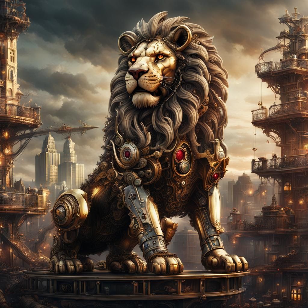 Steampunk Lion-Dragon Hybrid in Old England City