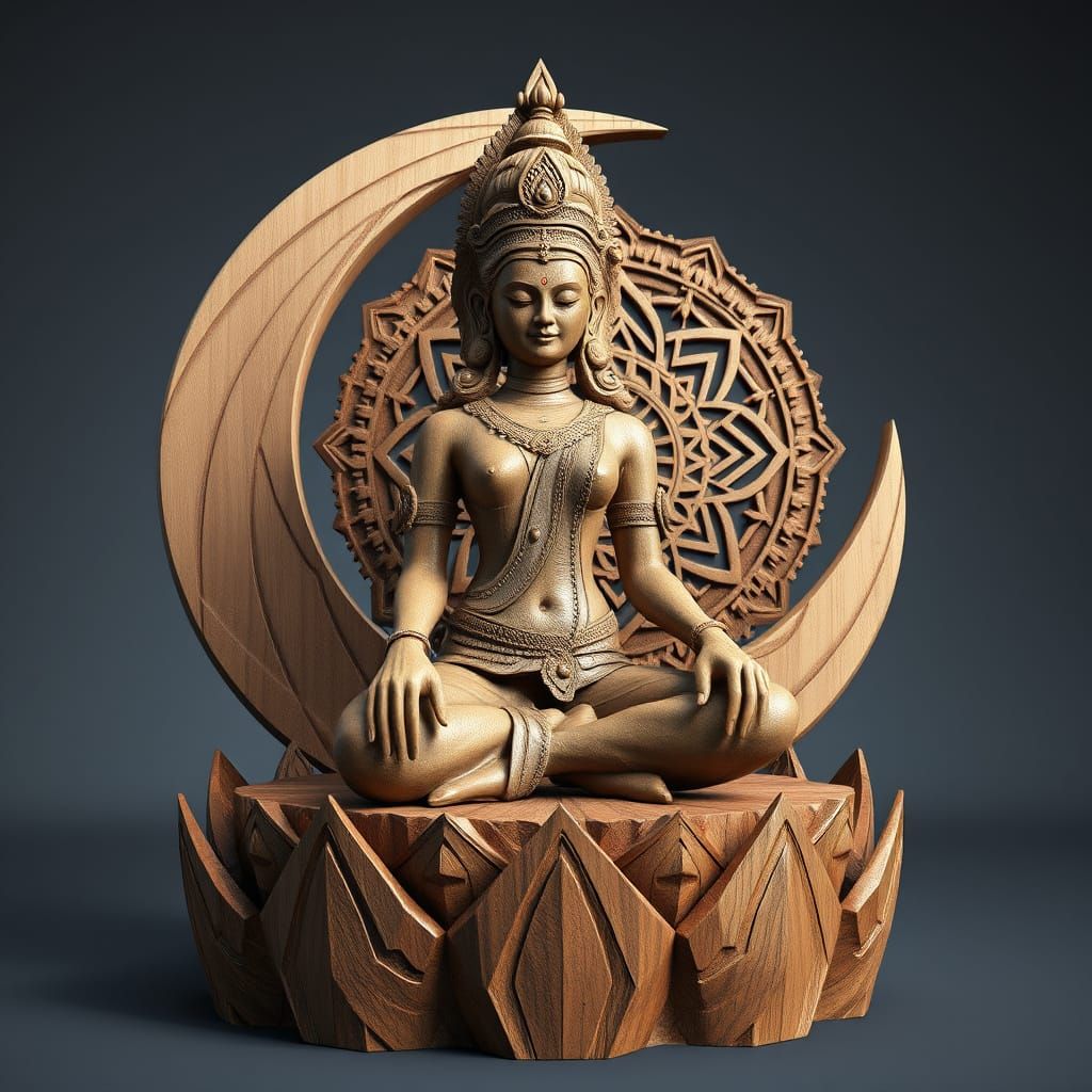 Seated Hindu Goddess Tripur Bhairavi in Brutalist Cubist Woo...