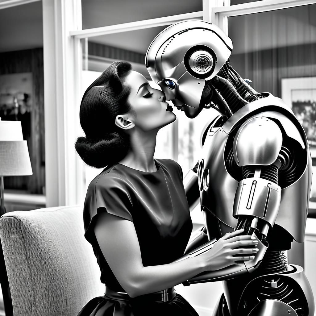 Retro-Futuristic Couple Kissing as Atomic Explosion Looms