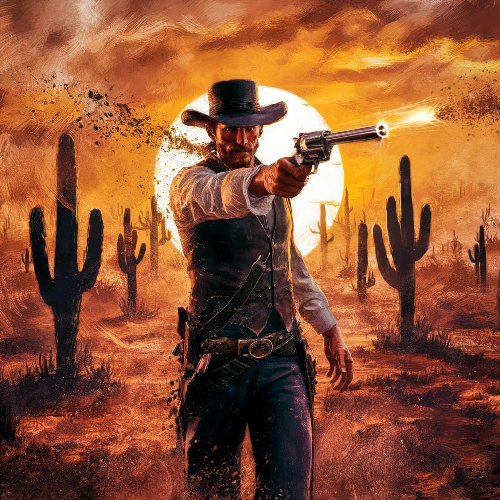 Gunslinger Firing Revolver in Old West Sunset