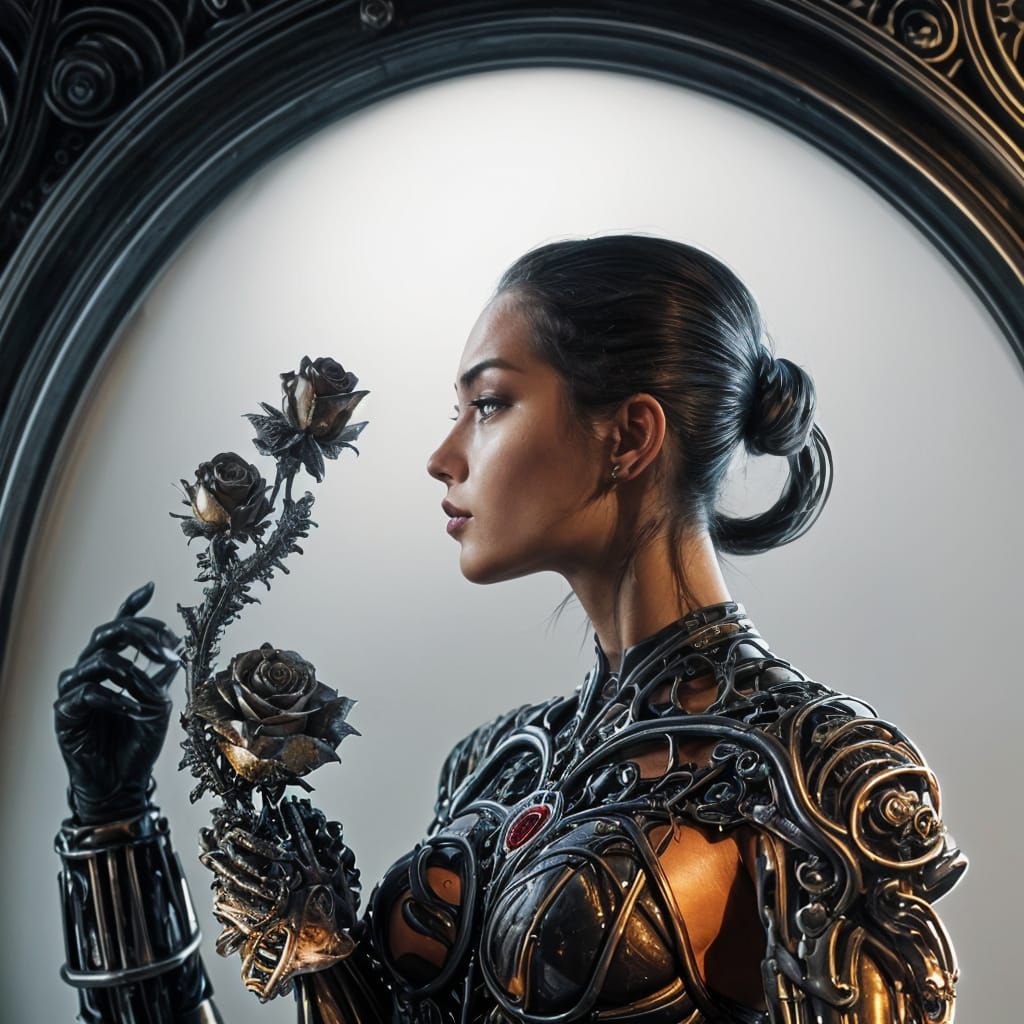 Biomechanical Woman Admiring Rose, Hyperdetailed Portrait