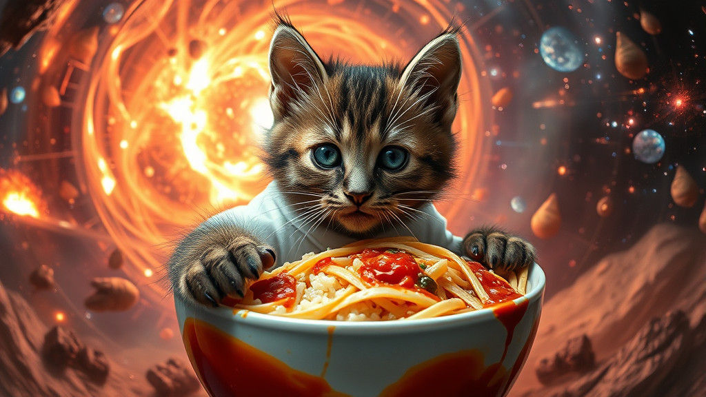 Cybernetic Kitten Dominates Galaxy in Dark Fantasy Art