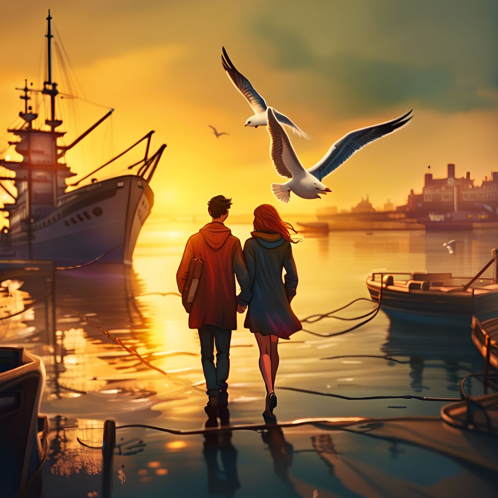 Young Couple Walking on Water at Sunrise in Comic Style