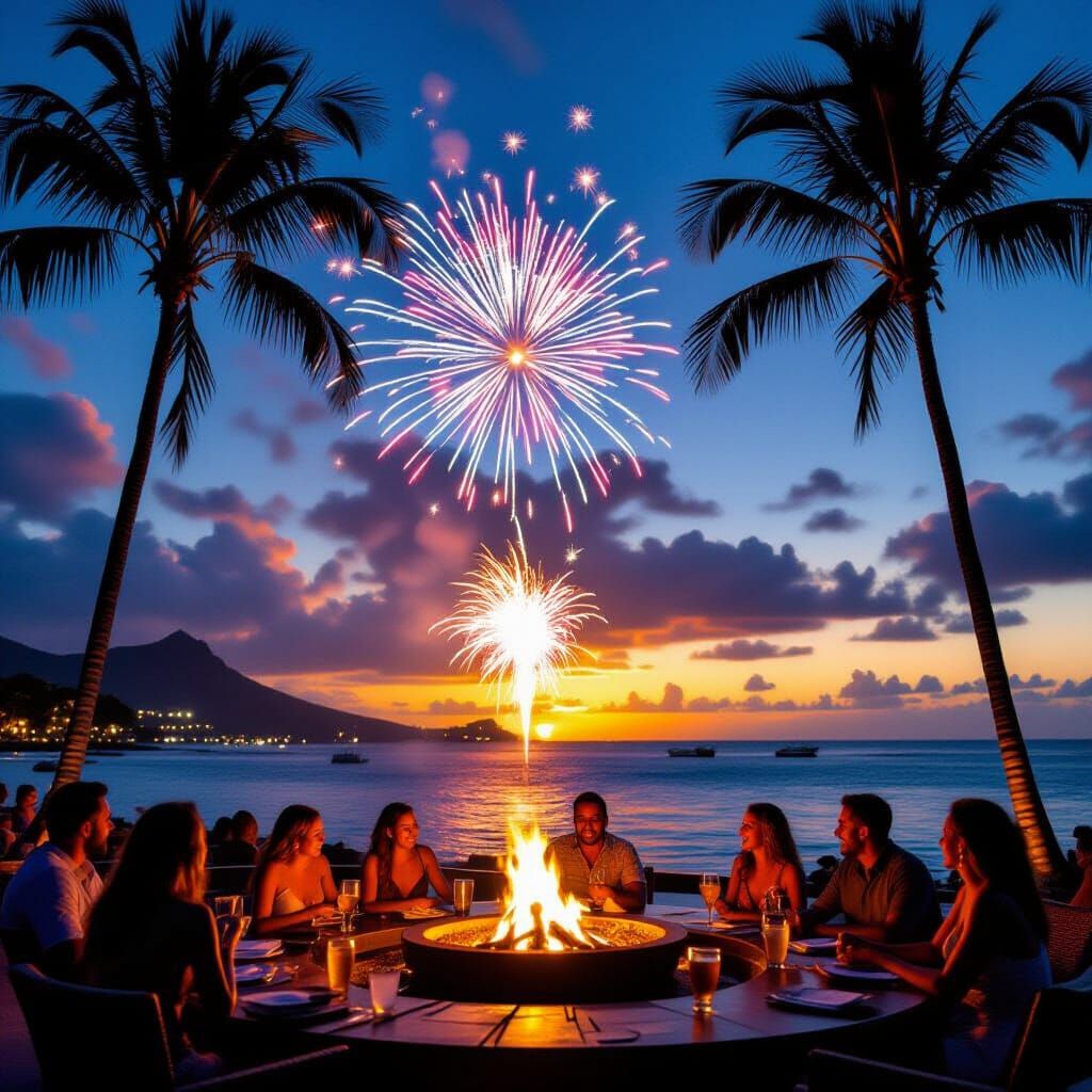Hawaiian Sunset with Fireworks and Fire Dancers