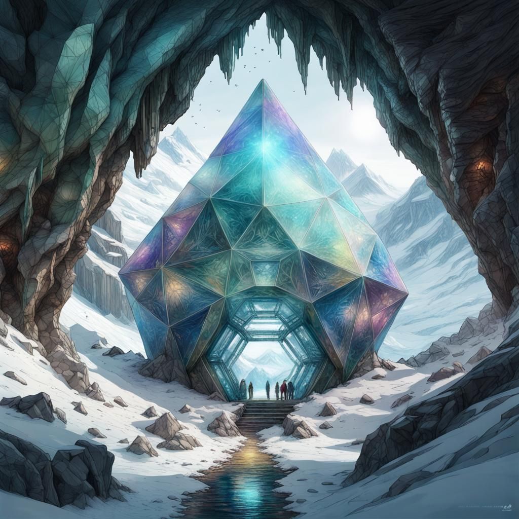 Iridescent Crystal Spaceship Cave in Arctic Landscape