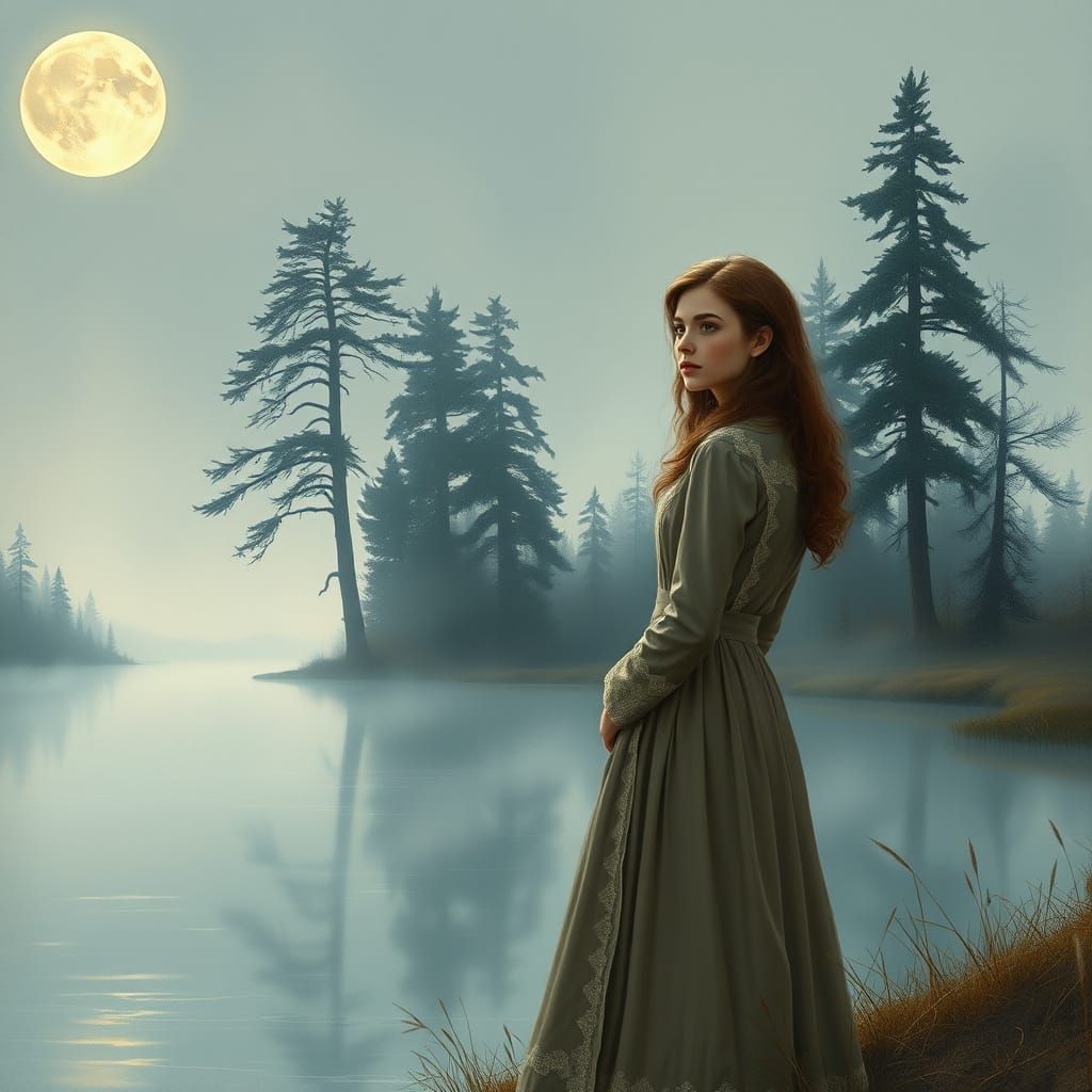 Serene Moonlit Woman Lost in Thought by a Mysterious Lake