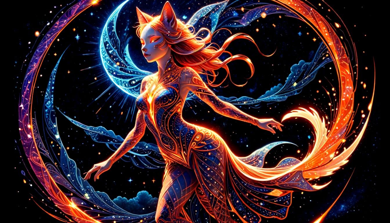 Kitsune Woman in Psychedelic Cosmic Art Deco Style
